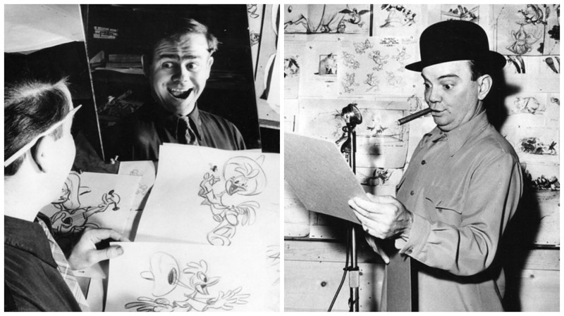 Мультипликатор в калифорнийской студии Уолта Диснея, 1946 год, и певец Клифф Эдвардс во время озвучивания мышонка Тимоти в мультфильме "Дамбо", 1941 год дисней, ретро, фотография