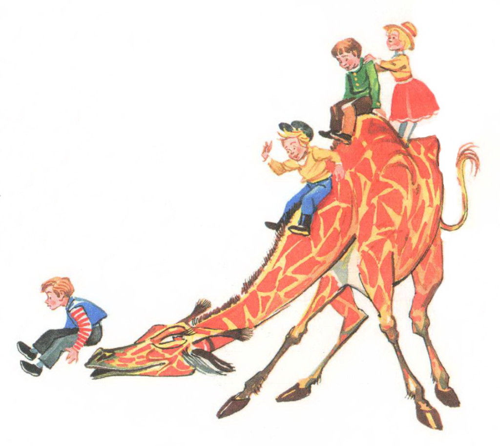Дети катаются на жирафе