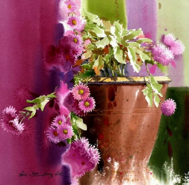 Натюрморт вазы с цветами акварелью
