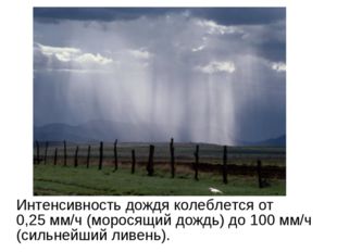 Интенсивность дождя колеблется от 0,25 мм/ч (моросящий дождь) до 100 мм/ч (с
