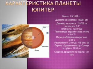 Масса: 1,9*1027 кг Диаметр на экваторе: 142984 км Диаметр на полюсе: 133708 к