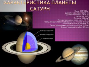 Масса: 5,69*1026 кг Диаметр на экваторе: 120536 км Диаметр на полюсе: 108728