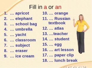 Fill in a or an … apricot … elephant … school bag … umbrella … yacht … classr