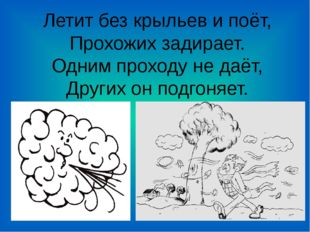 Летит без крыльев и поёт,  Прохожих задирает.  Одним проходу не даёт,  Других