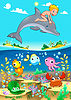 Мальчик и дельфин с рыбой УНДЕ море | Векторный клипарт