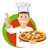 Мультяшный шеф-приготовление пищи, держа поднос с пиццей | Векторный клипарт