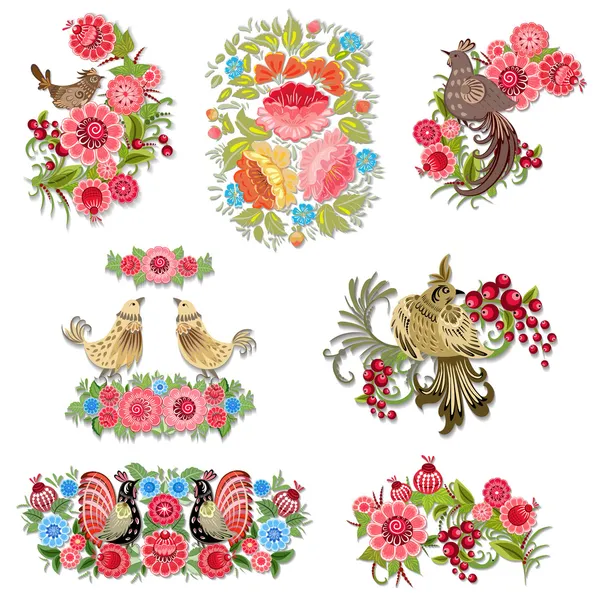 Множество декоративных птиц с цветами для вашего дизайна — стоковый вектор