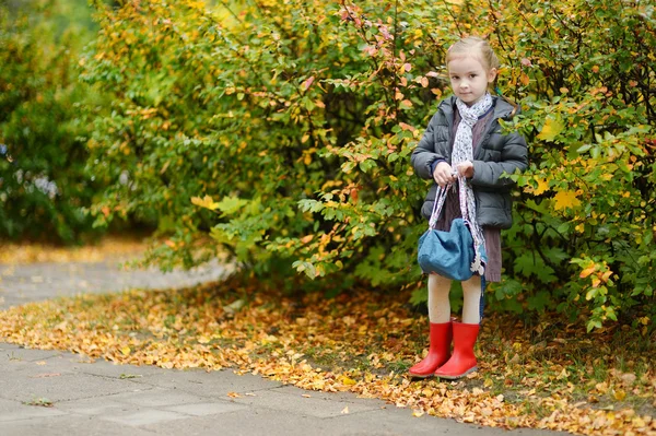 Маленькая девочка на ее пути в школу на день осени — стоковое фото