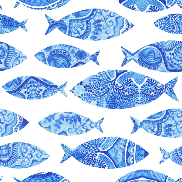 Бесшовный фон с рыбами, акварель Рука окрашенного фона, акварель рыба, бесшовный фон с стилизованные синие fish.wallpaper, акварель ткань, синий, упаковка украшения — стоковое фото