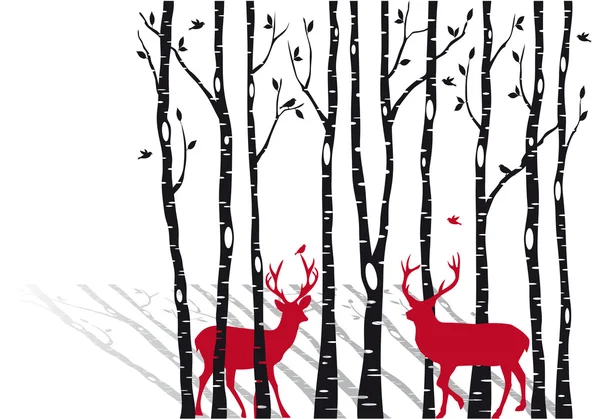 Березовые деревья с рождества оленей, векторные — стоковый вектор