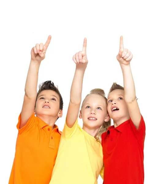 Портрет счастливых детей точки вверх палец - изолированные на — стоковое фото