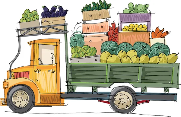 Автомобиль полный фруктов и овощей - мультфильм — стоковый вектор