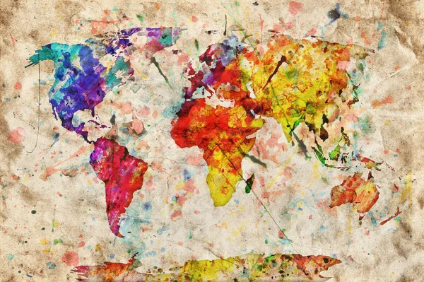Карта винтажные мира. красочные краски, акварель на гранж, старый Пап — стоковое фото