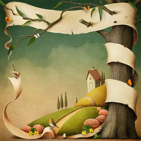 Плакат или иллюстрации с баннером и Осенний пейзаж с домом — стоковое фото