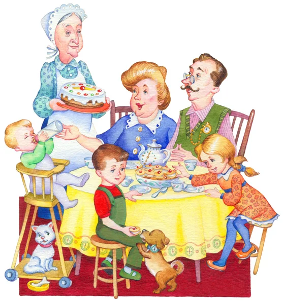 Акварельные иллюстрации. Счастливая семья на праздничный чай — стоковое фото