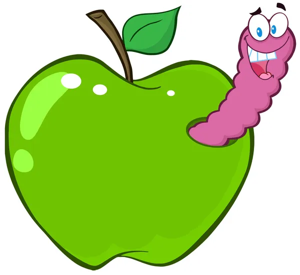 Счастливый червя в зеленое яблоко — стоковое фото