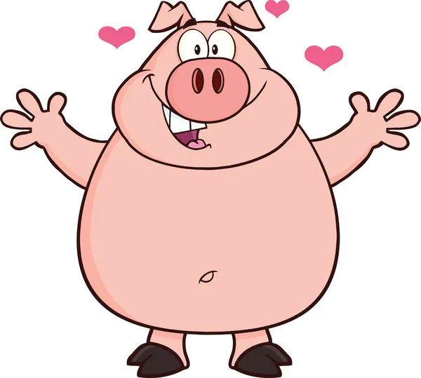 Счастливые свиньи талисман мультфильма открыть руки и сердца — стоковое фото