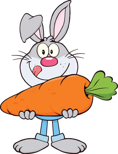 Голодный серый кролик мультипликационный персонаж, держа большие моркови — стоковое фото
