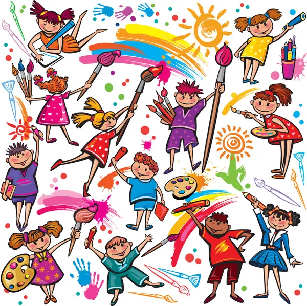 Счастливые дети, Рисование с кисти и цветные — стоковый вектор