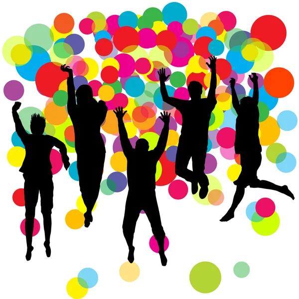 Счастливый мальчиков и девочек, перепрыгивая через цветные шары фон — стоковое фото