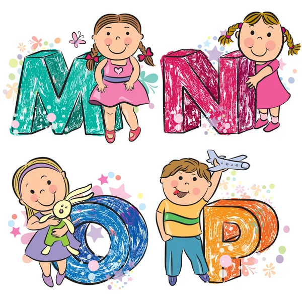 Смешные алфавит с детьми MNOP — стоковый вектор