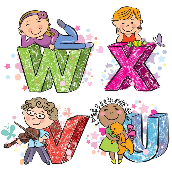 Смешные алфавит с детьми VWXU — стоковый вектор