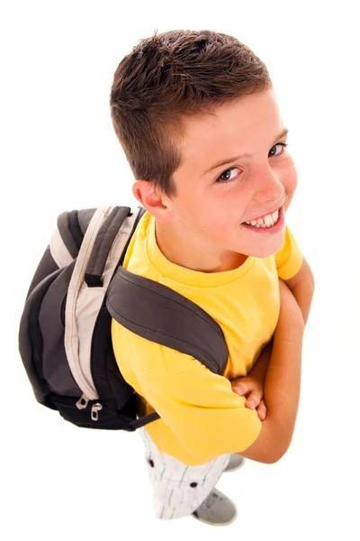 Школа мальчик с рюкзаком, изолированные на белом — стоковое фото
