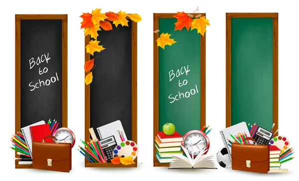 Назад к school.four баннерам со школьными поставками и осенними листьями. вектор — стоковый вектор