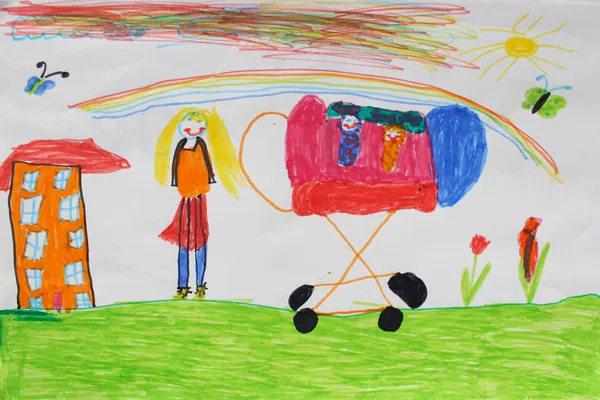 Детский рисунок матери с коляска — стоковое фото