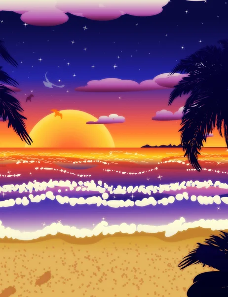 Закат на пляже с пальмами — стоковое фото