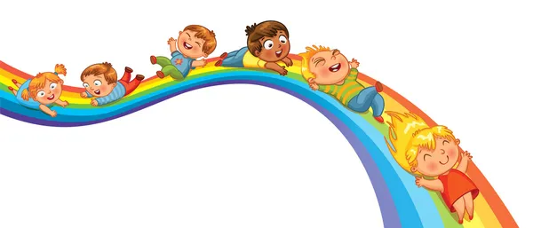Дети прокатиться на радуге — стоковый вектор