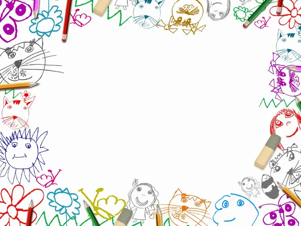 Рисунки детей с фон рамки карандаши — стоковое фото