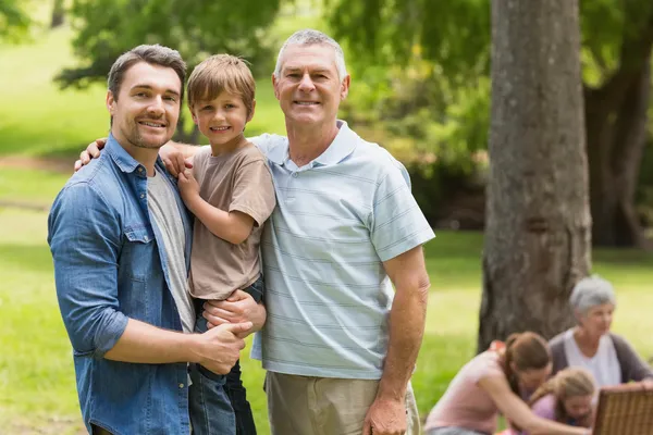 Дед, отец и сын с семьей в фоновом режиме в парке — стоковое фото