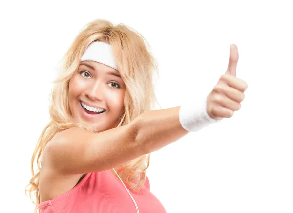 Спортивный девочка с палец вверх на белом фоне — стоковое фото