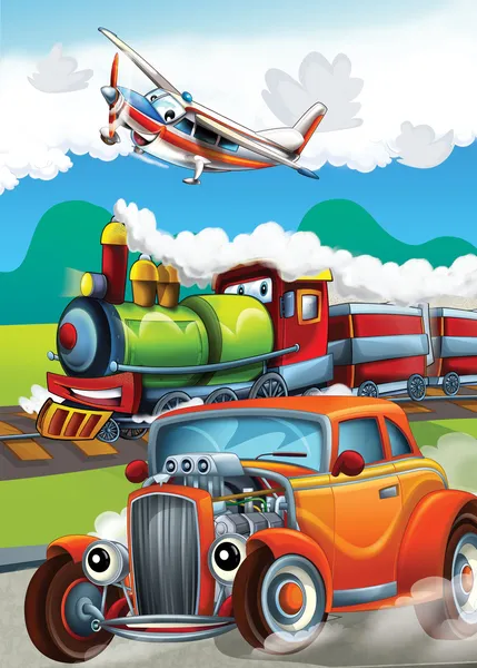 Паровоз, автомобиль и Летающая машина - иллюстрации для детей — стоковое фото