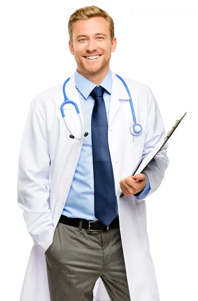 Портрет уверен молодой врач на белом фоне — стоковое фото