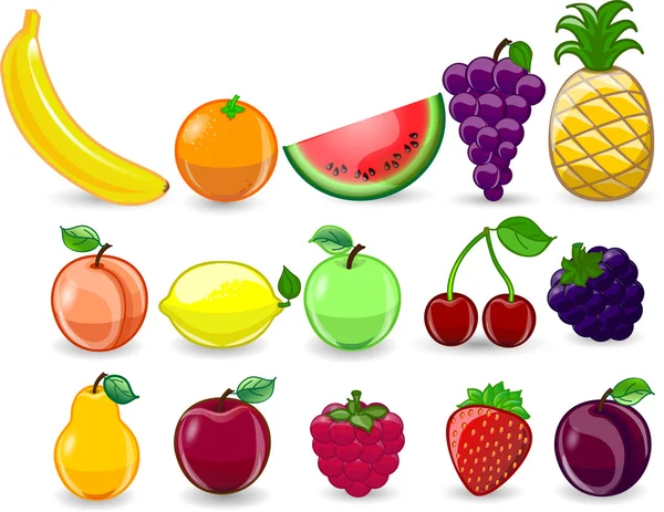 Мультфильм апельсин, банан, яблоки, клубника, груша, вишня, персик, слива, лимон, виноград, арбуз, малина, ананас — стоковый вектор
