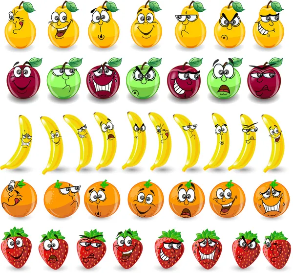 Мультфильм апельсины, бананы, яблоки, клубника, груши с эмоциями — стоковый вектор