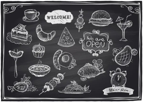 Руки drawn разные продукты питания и напитки графика — стоковый вектор