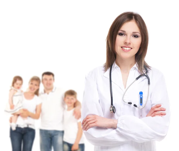 Молодая привлекательная женщина врач на белом фоне — стоковое фото