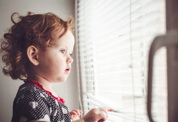 Маленькая девочка, глядя в окно через жалюзи — стоковое фото