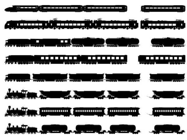 Векторные силуэты поездов и локомотивов — стоковый вектор