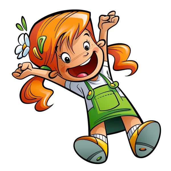 Счастливый милый мультфильм Девочка прыгает счастливо растяжку рук и ног — стоковое фото