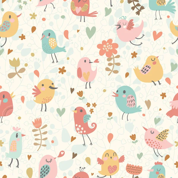 Милые бесшовный паттерн с мелкими птицами и цветами — стоковый вектор