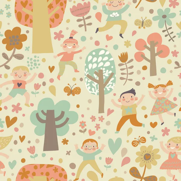 Дети играют в лесу цветы, сердца и бабочки — стоковый вектор
