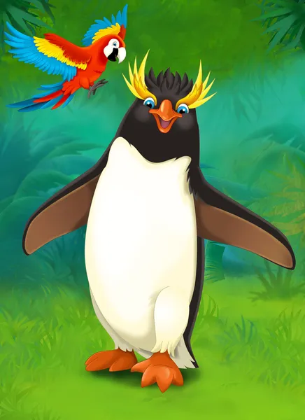 Мультфильм тропический. Пингвин и попугай — стоковое фото