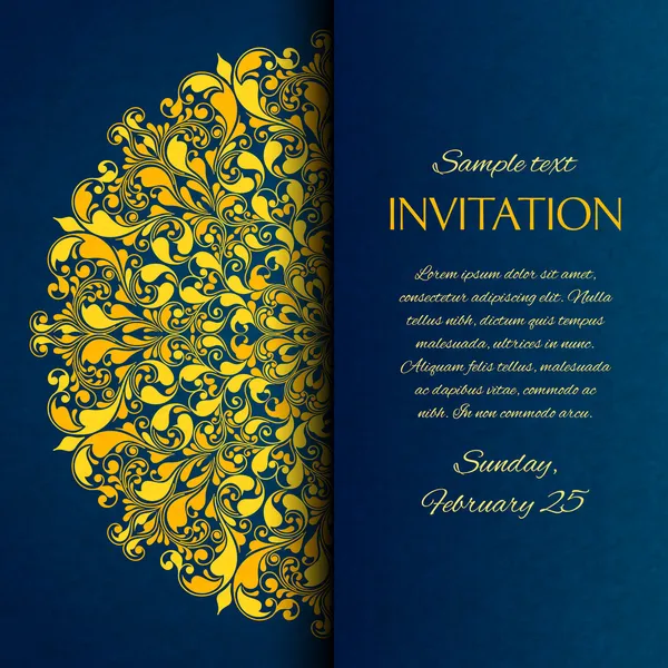 Декоративные синий с золотой вышивкой пригласительный билет — стоковый вектор