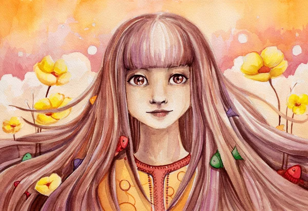 Девушка, рисунок лицом с длинными волосами, цветов и рыб — стоковое фото