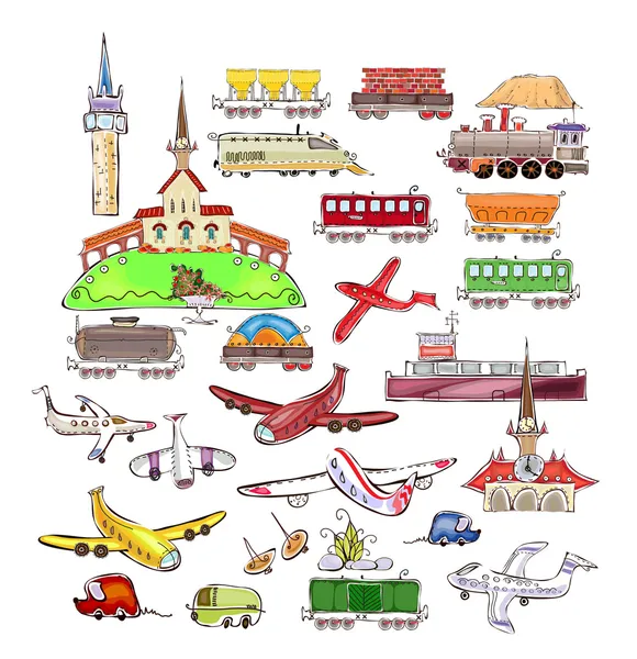 Поезда, вагоны и самолеты — стоковый вектор