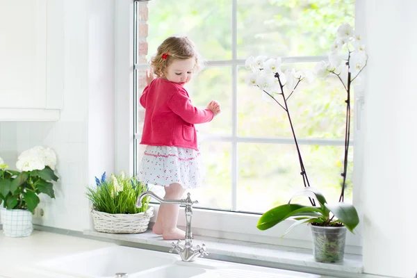 Малыш девочка, наблюдая из окна — стоковое фото